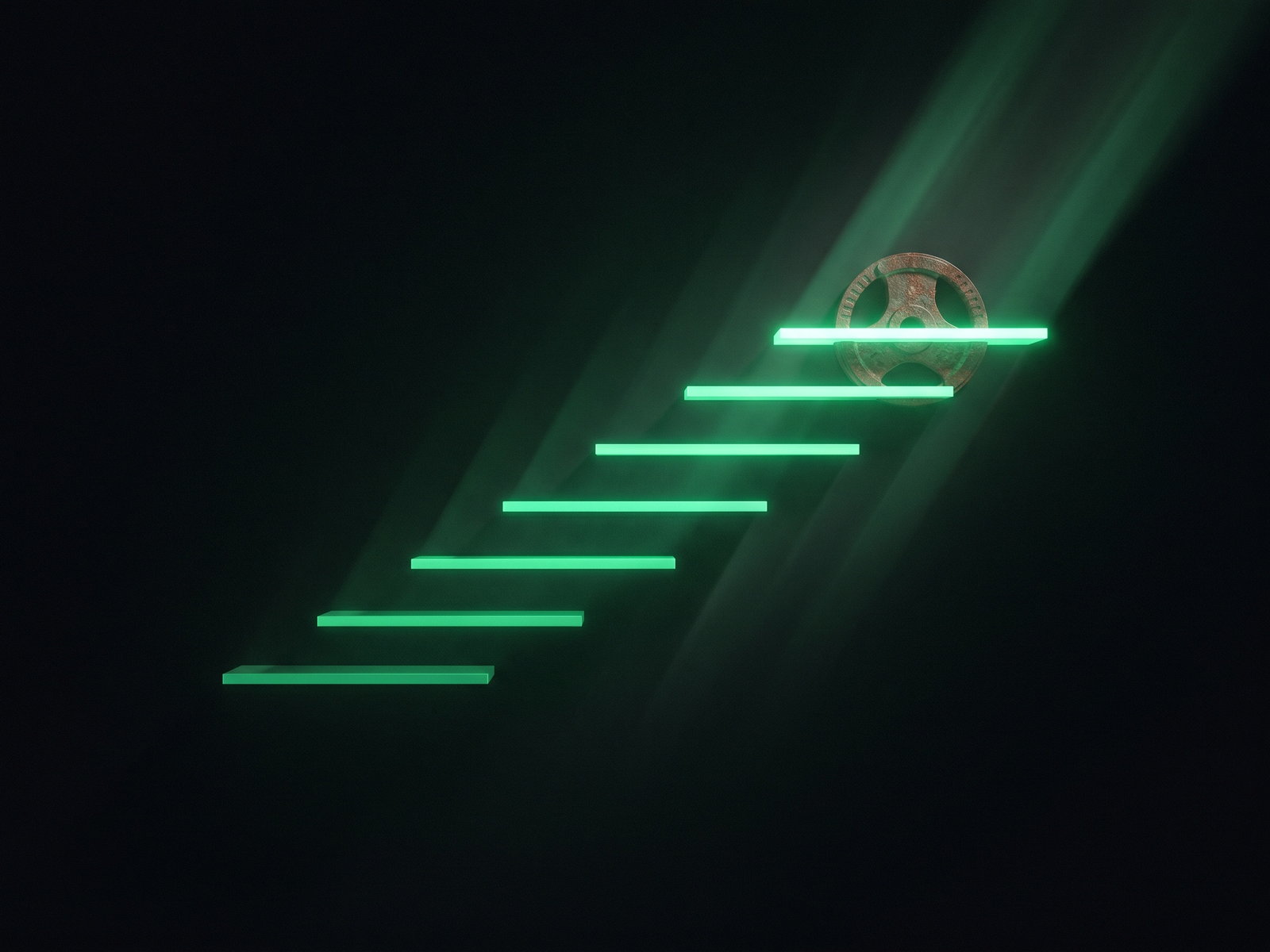 An ascending staircase of glowing bars topped with a weight plate